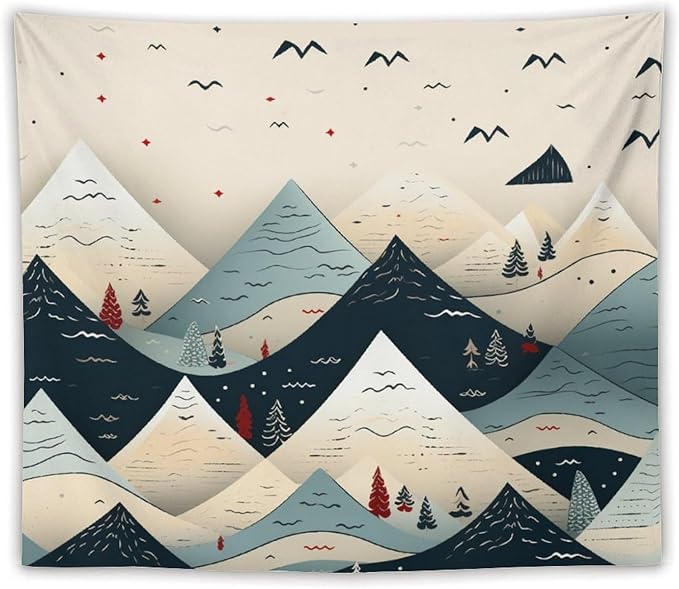 Tapestry Snow Mountain Scandinavian Winter Aesthetic Bedroom Tapestries Happy New Year Wall Tapestry Wall Decor for Bedroom Living Room Dorm Landscape 50"x60" Tapestries Winter Snowflake Decorative