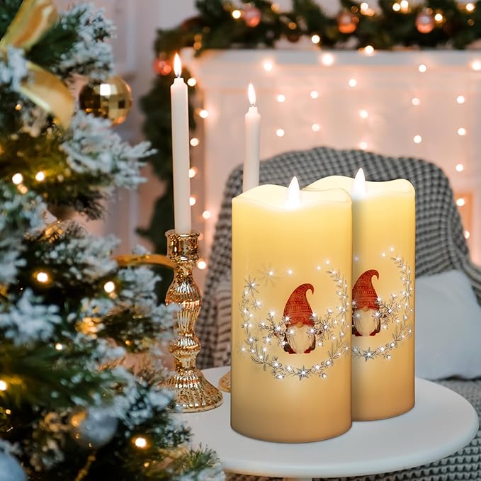 Eywamage Gnomes Christmas Fiber Optic Flameless Candles with Remote, Snowflakes Flickering LED Battery Pillar Candles Set of 3