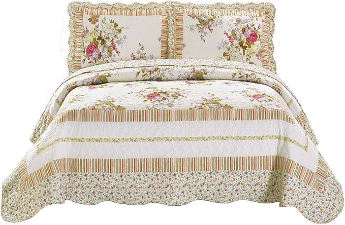 Fancy Linen 3pc Bedspread Bed Cover King/California King, Off White Floral New