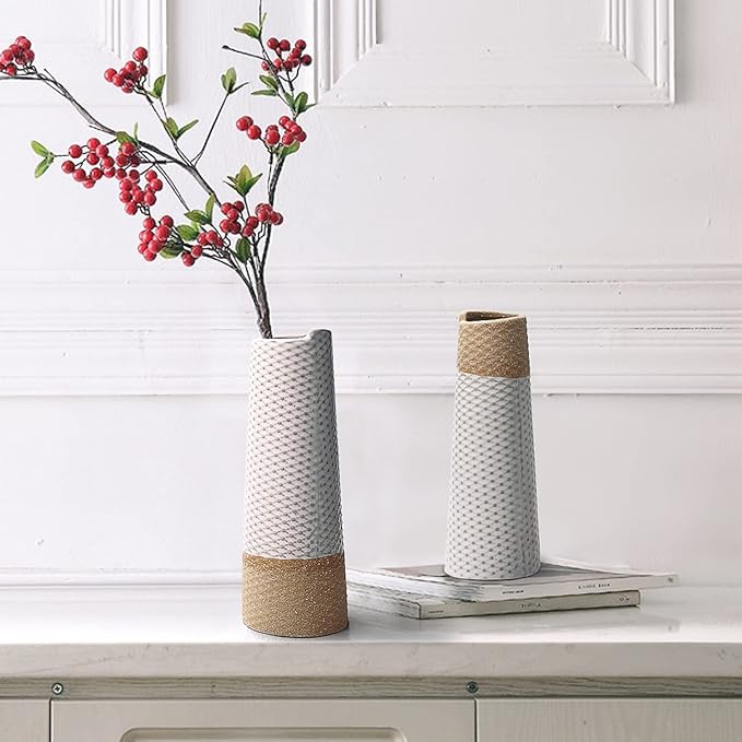 Ceramic Vase Set of 2 for Living Room Bedroom 7.2'' and 6.3'' Small Fake Flower Plant Vases for Home Decor Office Centerpieces Fireplace Retro Rustic Farmhouse Vintage Classic Gift
