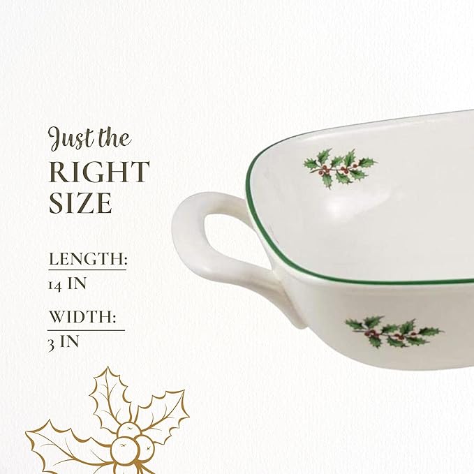 Spode Christmas Tree Oval Breadbasket, 14 Inch x 7.5 Inch Handled Bowl for Fruit, Bread, Cookies - Porcelain Gift, Holiday Serveware & Oven to Table Dish, Dishwasher Safe Tableware