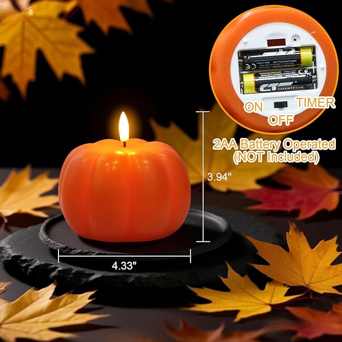 Wondise Fall Decorations Flameless Wax Pumpkin Candles with 6H Timer, Orange Battery Operated LED Candles Fall Decor for Thanksgiving Gifts, Autumn Farmhouse Harvest Decor for Home Decoration