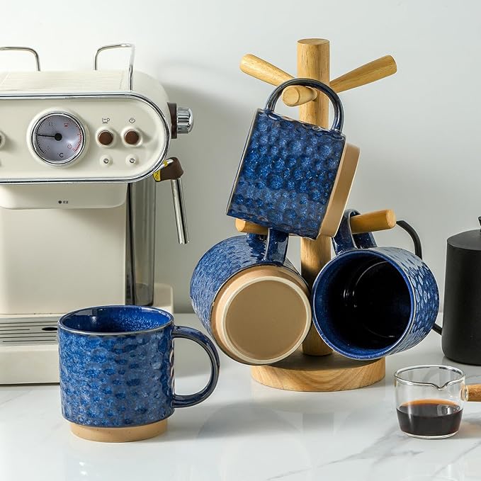 Nihow 16OZ Stackable Coffee Mug Set, Large Ceramic Coffee Mug Set of 4,Coffee Cup Set for Cappuccino/Latte/Cocoa,Dishwasher & Microwave Safe,Vivid Blue