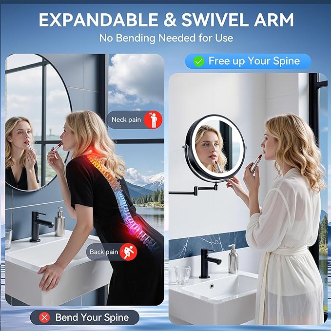 10'' 30X/1X Wall Mounted Lighted Makeup Mirror, 5000mAh Rechargeable Double-Sided Magnifying Mirror with Light, LED Vanity Mirror Touch Dimmable 3 Colors 360° Rotation Extended Foldable Arm, Black