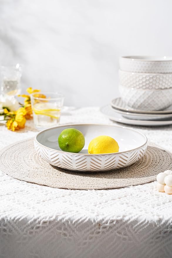 Embossed Ceramic Pasta Bowls Set of 4 – Medium 7.5-Inch, 26oz Serving Bowls for Pasta, Salad, Fruit – Stackable, Microwave & Dishwasher Safe – Great Gift for Housewarming or Everyday Use