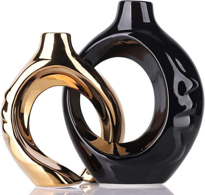 Black Gold Ceramic Vase Set of 2 for Modern Home Decor,Round Boho Vase for Pampas Grass,Neutral Minimalist Statue for Dining Room Table Centerpiece Dining Room,Wedding Table Decoration