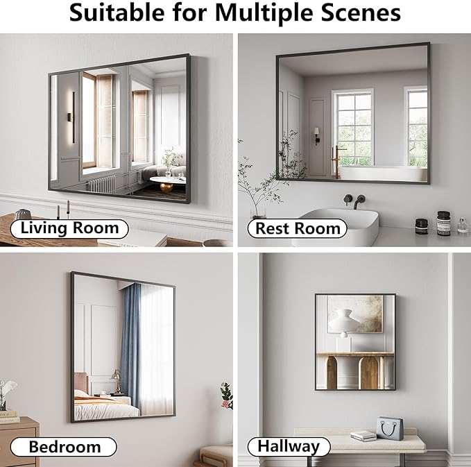 Koonmi Bathroom Mirror 30x36 Black Bathroom Wall-Mounted Mirrors, Modern Vanity Mirror for Bedroom, Living Room, Aluminum Alloy Frame Allow to Hang Horizontally or Vertically