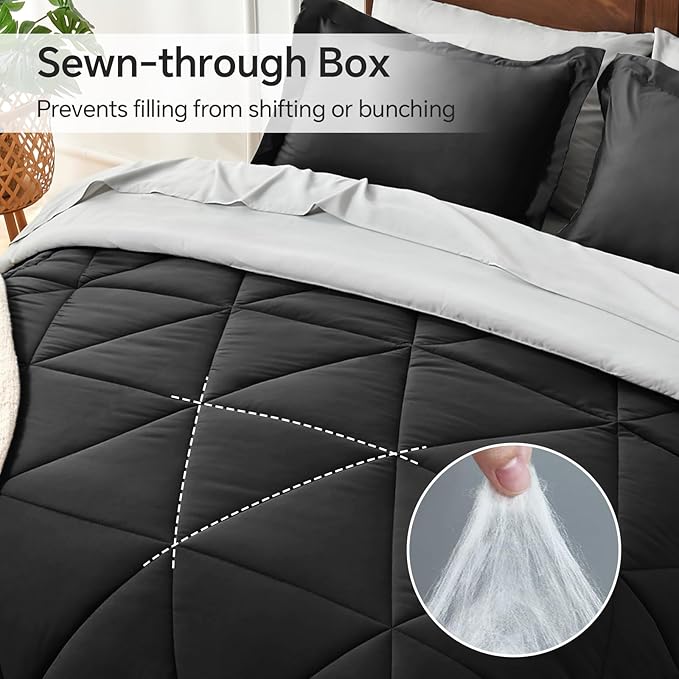 BEDELITE Twin Comforter Set 5 Pieces Bed in A Bag - Soft Microfiber Reversible Black Bed Set with Comforters, Sheets, Pillowcase & Sham, Cozy Luxury Bedding Sets for All Season
