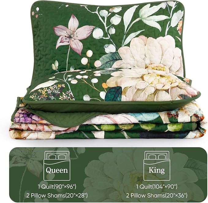Drucon Floral Quilt King Size - 3 Pieces Green Quilt Botanical Bedspread Soft Lightweight Flower Bedding Set for All Season (104"x90")