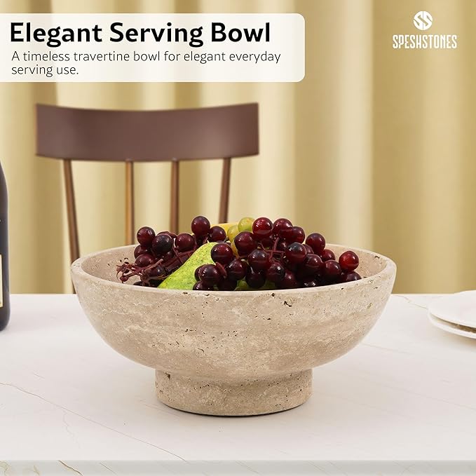 Marble Fruit Bowl 10 Inch Handmade Travertine Large Decorative Bowl for Home and Kitchen Counter - Modern Candy Bowl, Pedestal Bowls for Dining, Coffee Table Centerpiece & Entryway Decor