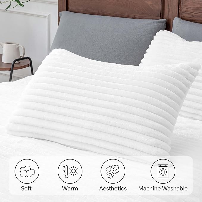 BEDELITE Fleece King Comforter Set -Super Soft & Warm Fluffy Bright White Bedding, Luxury Fuzzy Heavy Bed Set for Winter with 2 Pillow Cases
