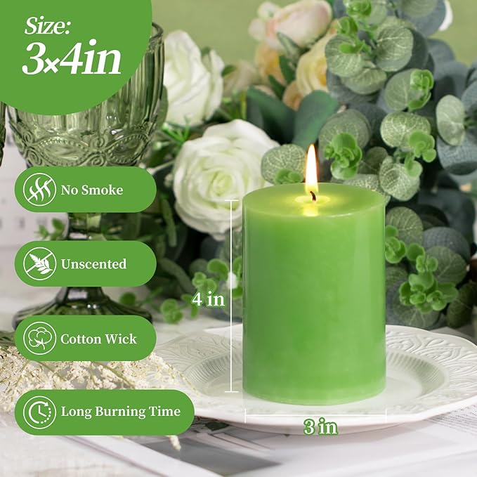 KONNI Green Pillar Candles Set of 3, 3"x 4" Unscented Pillar Candles Bulk, 39 Hours Long Burning Candles, Smokeless&Dripless Large Round Candle for Wedding, Home Decoration, Parties, Spas, Dinner