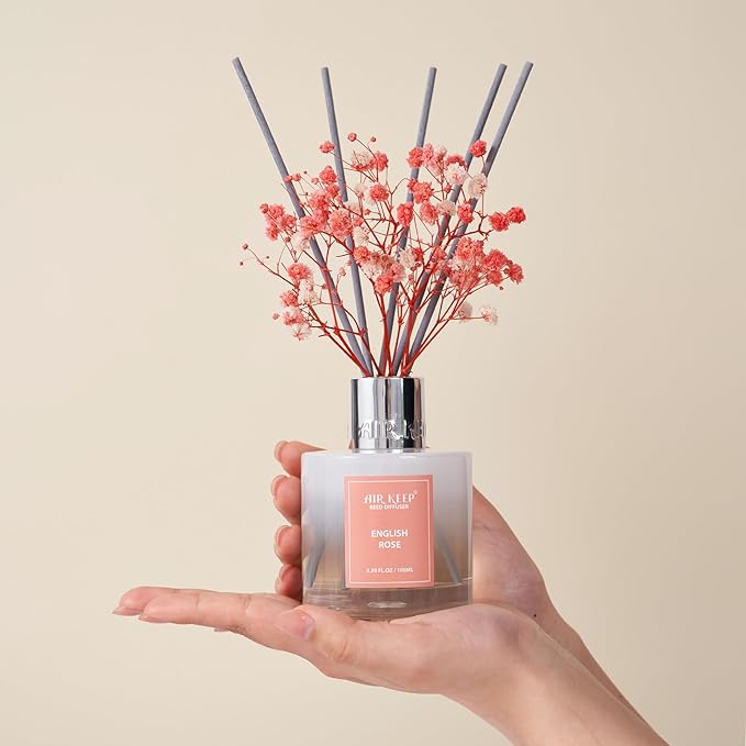 Airkeep Reed Diffuser Set,3.38 fl oz (100 ml) - English Rose Oil Diffusers with 8 Reed Sticks, Home Fragrance Reed Diffuser for Bathroom Shelf Decor