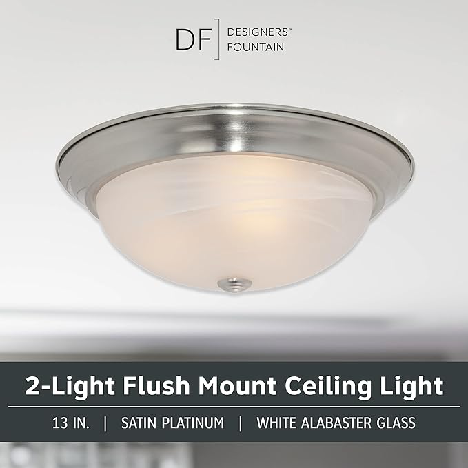 DESIGNERS FOUNTAIN Reedley 2-Lights Flush Mount Ceiling Light, 13 Inch Lighting Fixture for Kitchen, Bedroom, Bathroom, and Hallway, White Alabaster Glass, Satin Platinum, 1257M-SP-AL