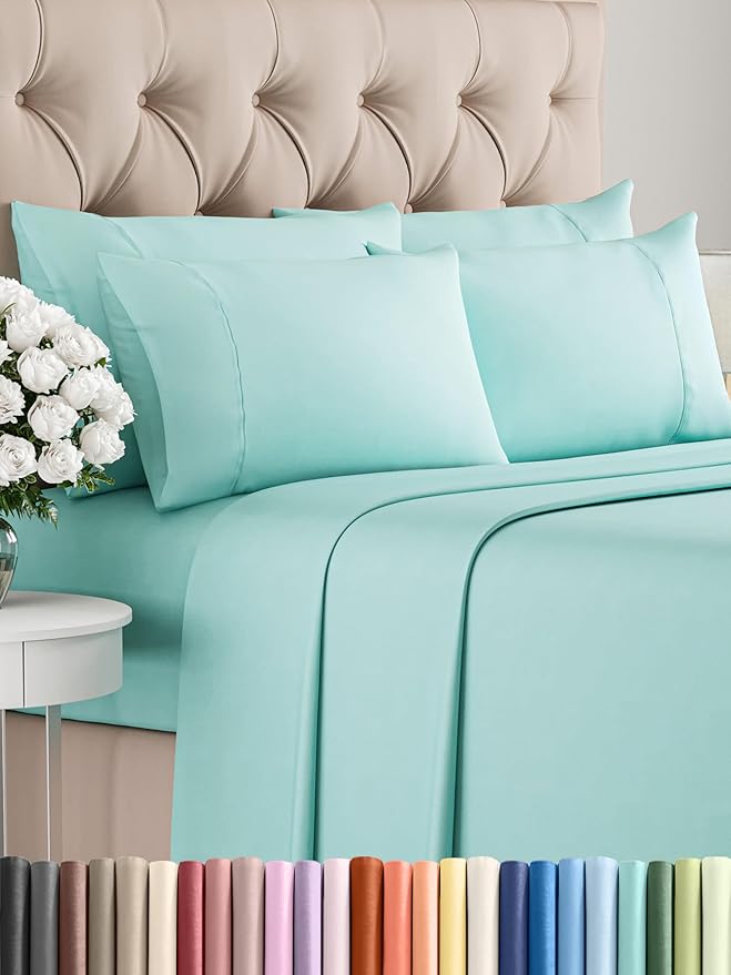 King Sheets Set 6 Piece - Includes 4 Pillowcases - Bed Sheets King Size - Soft Hotel Luxury Bedding - Cooling, Comfy, Cozy & Breathable - 1 Flat & 1 Fitted & 4 Pillowcases w/ Deep Pockets - Spa Blue
