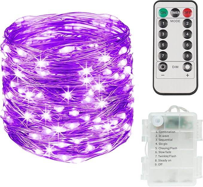 suddus Hallowee Fairy Lights Battery Operated, 33ft 100 LED Fairy Lights with Remote, Purple String Lights for Outside, Porch, Home, Backyard, Window, Yard, Garland, Party Decorations