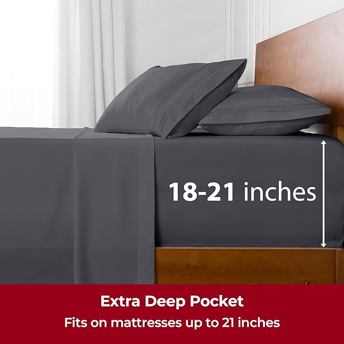 Mellanni Extra Deep King Sheets - 4 PC Iconic Collection Bedding - Hotel Luxury, Ultra Soft, Cooling Bed Sheets - Wrinkle, Fade, Stain Resistant (King, Gray)