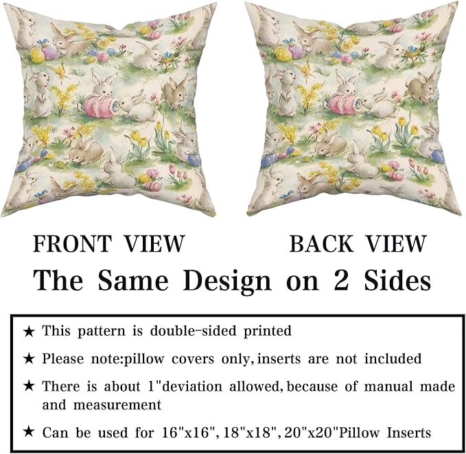 Giwawa Easter Throw Pillow Covers Set of 2 Vintage Bunny Egg Hunt Pillowcases 16x16inch Farmhouse Spring Rabbit Floral Double Sided Cotton Cushion Covers for Sofa Couch Chair Patio Bedroom Decor