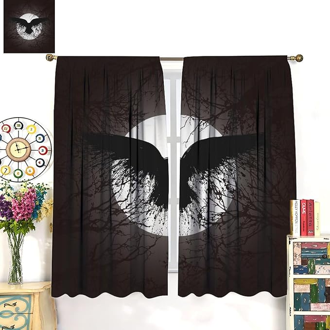 Cool Raven Print Curtains for Bedroom - Vintage Nordic Viking Theme Dead Tree Crow Full Moon Window Drapes,Energy Saving Thermal Insulated Rod Pocket Bedroom Blackout Curtains 2 Panels 63L x 27.5W