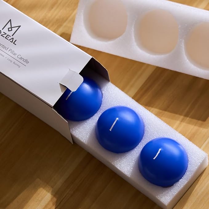 MOZEAL Hand-Poured, 3 Inch Blue Round Ball Candles - Elegant Blue Round Pillar Candles Set of 3, Dripless, Unscented, Smokeless, Ideal for Summer Parties.