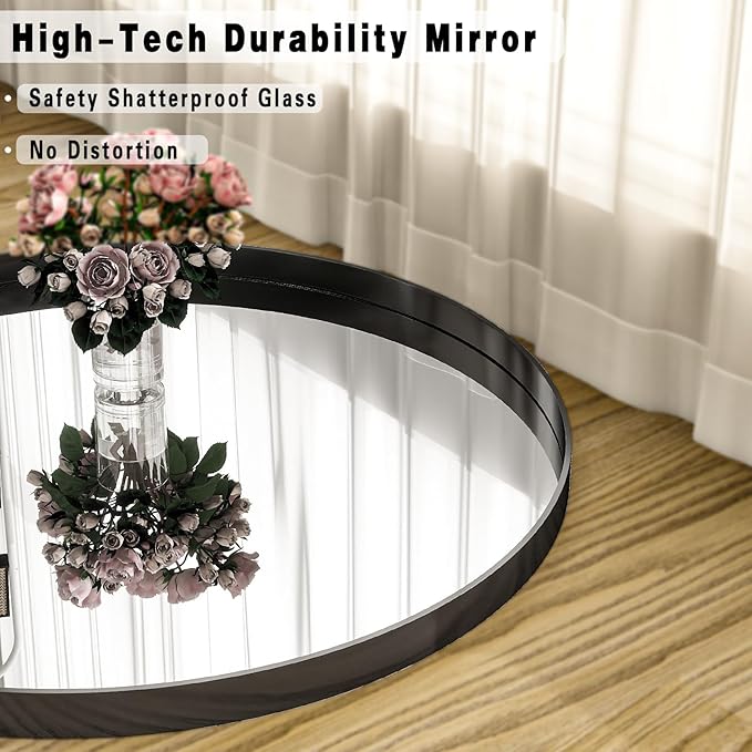 36 inch Round Bathroom Mirror, Black Metal Deep Frame Wall Mounted Circle Mirror for Wall Decor, Living Room, Vanity, Entryway, Hanging or Leaning