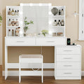 Quimoo 48" Large Vanity Desk with Mirror & Lights, Makeup Vanity Table with 6 Drawers & Power Outlet, 4 Open Storage Shelves, Vanity Desk Set with Stool, for Women Girls, White