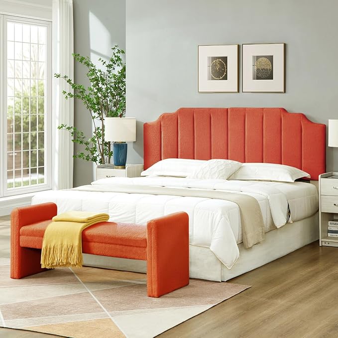 24KF Orange Teddy Fabric Tufted King Upholstered Headboard, Modern Vertical Channel Design California King Headboard with Stepped Silhouette Top Edge,6026-K-Teddy Orange