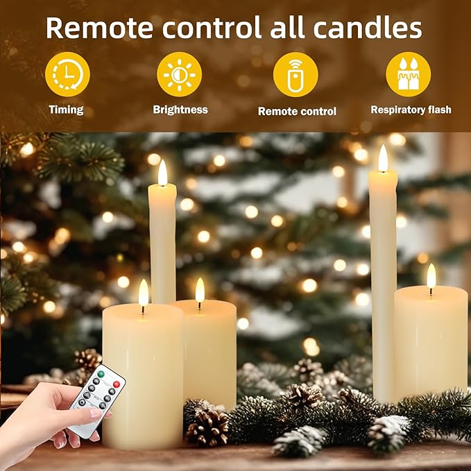 Real Wax LED Flameless Candles with Remote Timer, 4 Pcs Ivory Battery Operated Window Candle with 3D Flickering Flame for Fireplace Xmas Halloween Wedding Decor (9.5" Taper & 5" Pillar)