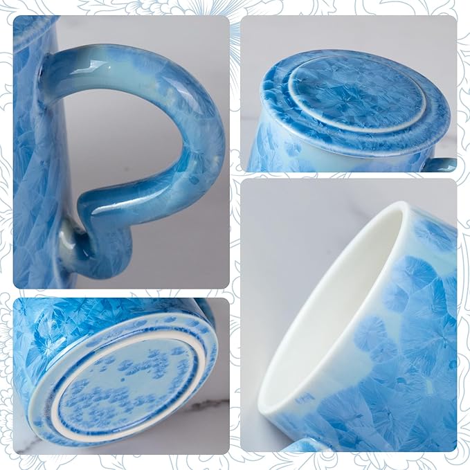 Coffee Mug with Lid, Porcelain Tea Cups Set of 2, 11oz Covered Crystalline Glaze Espresso Mugs, Ceramic Demitasse for Coffee, Cappuccino, Latte, Americano, Tea, Water (Deep Blue and Light Blue)