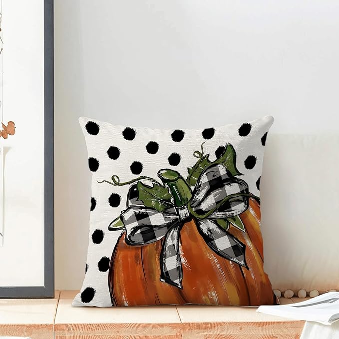 Fall Pillow Covers 18 x 18 Inch, Burnt Orange Pumpkin Polka Dots Decor Throw Pillows for Home Couch Bed, Autumn Thanksgiving Harvest Outdoor Decorative Pillowcase Linen Cushion Cover Set of 2