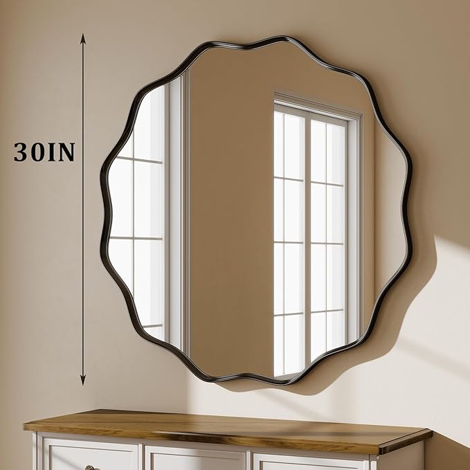 Round Wavy Mirror - 30 Inch Bathroom Vanity Mirror Metal Frame Circle Wall Mounted Mirror for Bedroom Living Room Entryway, Black