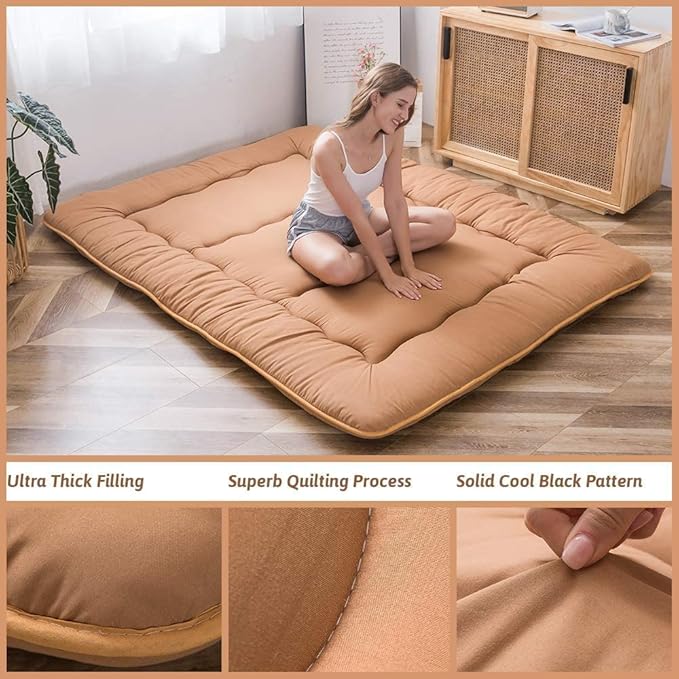 Japanese Shiki Futon Mattress Floor Mattress Thicken Tatami Mat Sleeping Pad Roll Up Mattress Floor Lounger Bed Folding Couch Bed Mattress Pad for Guest Room, Light Brown, King