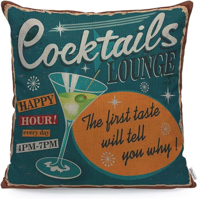 WONDERTIFY Throw Pillow Case Cover 1950S Vintage Cocktails Metal Sign - Soft Linen Pillow Case for Decorative Bedroom/Livingroom/Sofa/Farm House - Cushion Covers Couch Pillow 18x18 Inch 45x45 cm