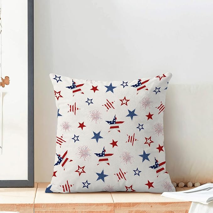 4th of July Pillow Covers 20 x 20 Inch, White Red Blue Patriotic Stripe Star Decor Throw Pillows for Couch Bed, American Flag Independence Day Decorative Pillowcase Linen Cushion Cover Set of 2