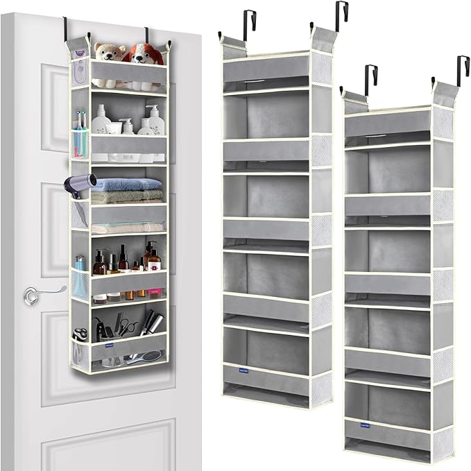 2 Pack Over The Door Hanging Organizer 5-Shelves and 10 Side Pockets, Over The Door Storage for Bathroom and Bedroom, Back of Door Organizers for Baby Products and Kid's Toys(13"x5"x44" Grey)