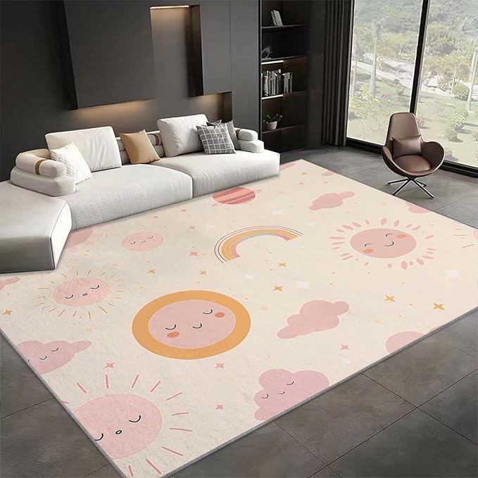 Washable Area Rug for Living Room 3x5 ft Cartoon Sun Rainbow 3D Print Decor Carpet, Non Slip Stain Resistant Large Area Rugs, for Bedroom Dining Room Office