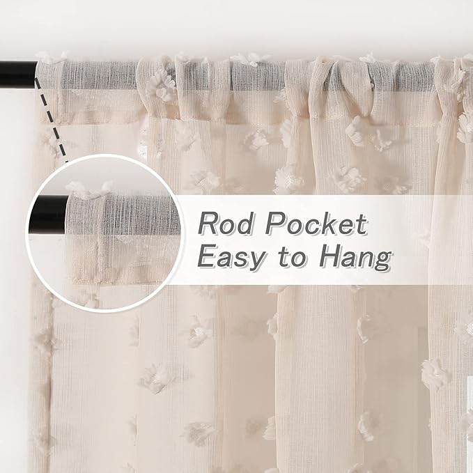 MYSKY HOME Pom Pom Beige Sheer Curtains for Bedroom Girls Room Curtains 84 Inches Long for Nursery Kids Light Filtering Boho Window Drapes, Rod Pocket, 38" Wide, 2 Panels