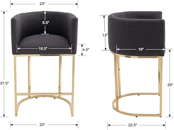 Modern Counter Height Linen Upholstered Bar Stool, 29" Kitchen Counter Island Stool Bar Chairs with Gold Metal Frame for Kitchen Island, Charcoal