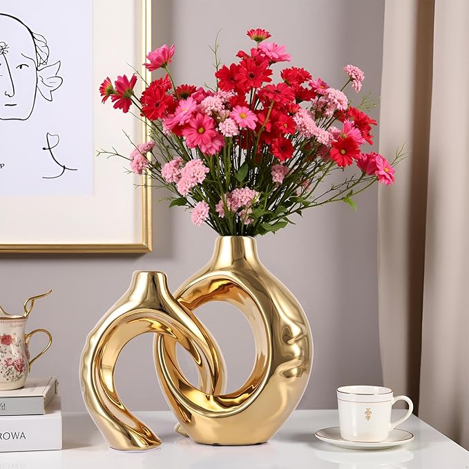 LCCCK Gold Ceramic Vases for Home Decor, Boho Vase for Flowers Pampas Grass Decorative, Hollow Donut Small Vase for Living Room Table Wedding Centerpiece Modern Vases (Gold)
