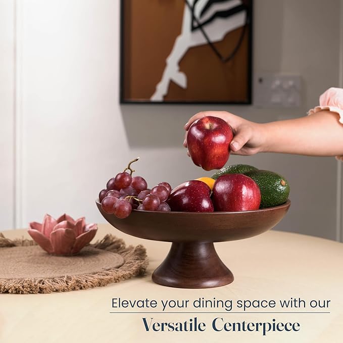 The Fine Living Co. Wooden Fruit Bowl, Large Serving Platter for Dessert, Round Shaped Serving Bowl for Cake, Snacks, Acacia Wood Bowls for Centrepiece, Wedding, Walnut, 12"x2"