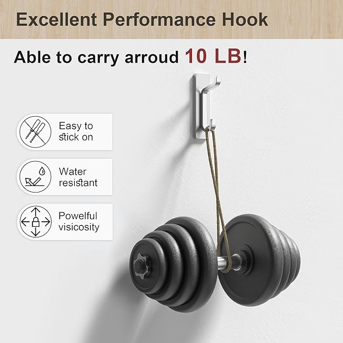 Wall Hooks for Coat and Towel: 13LB Adhesive Door Hanger Stick on, Silver 6 Pack