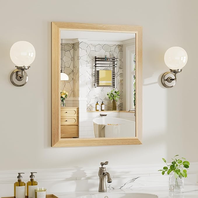 24x30 Inch Bathroom Mirror for Wall, Anti-Rust Oak Wood Grain Metal Framed Bathroom Mirrors for Over Sink,Rectangler Mirrors for Bathroom Vanity, Farmhouse, Bedroom, Living Room, Entryway Decor