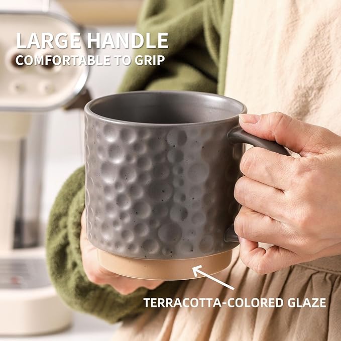 Nihow Ceramic Coffee Mug Set of 4, 16OZ Stackable Coffee Mug Set with Stainless Stand,Large Cup Set for Cappuccino,Tea,Hot/Cold Drinks,Dishwasher & Microwave Safe,Matte Gray