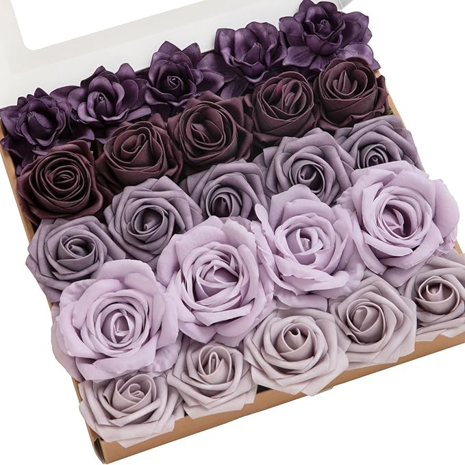 Ling's Moment Artificial Flowers Fake Roses Faux Peony Foam Gardenia Combo for DIY Wedding Bouquets Centerpieces Arrangements Bridal Shower Party Home Decorations, Lavender & Purple, 24pcs