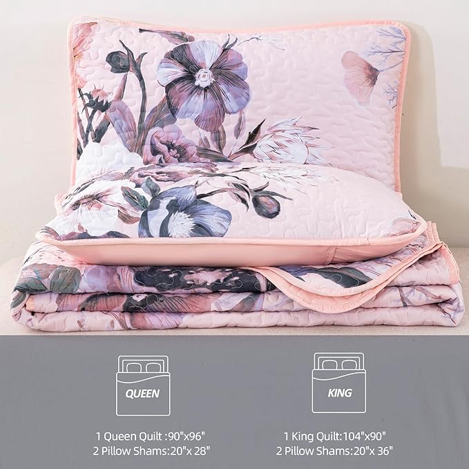 Floral Quilt Set Queen 3 Pieces Pink Floral Quilt Coverlet Set Soft Microfiber Lightweight Pink Quilted Bedspread for All Season 90"x96"