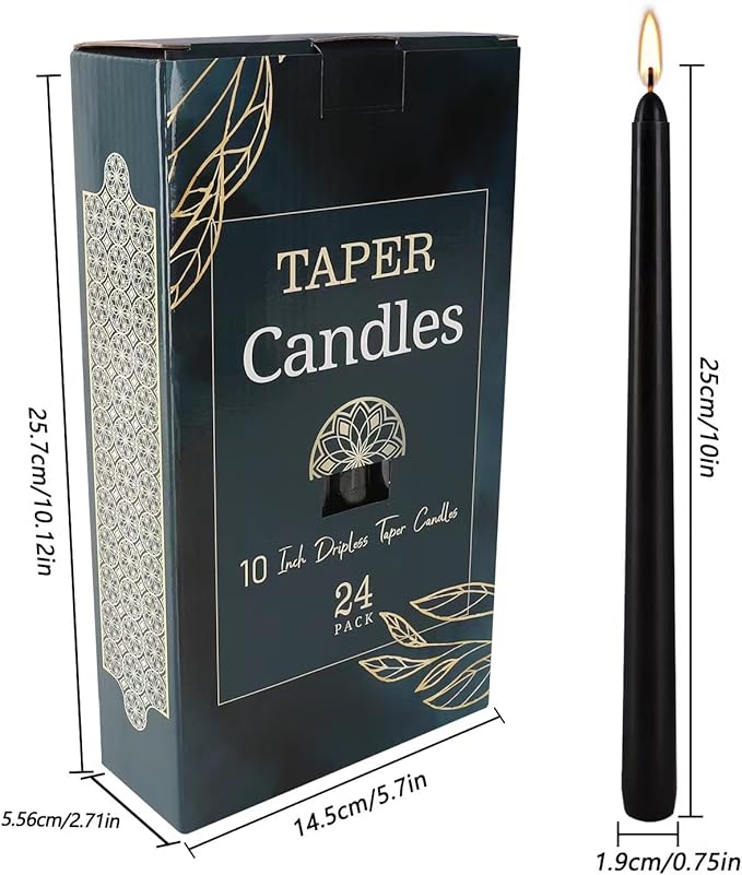 24 Pack Black Taper Candles, 7-8 Hours Burn Time, Unscented, Smokeless and Dripless, 0.75 x 10 Inch Dinner Candle Set for Halloween, Household, Wedding, Party and Home Décor Candlesticks