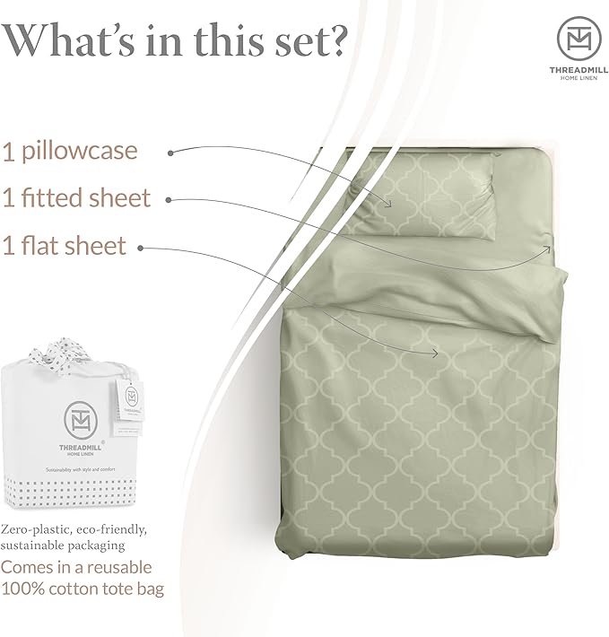 Threadmill Cotton Twin XL Sheet Set | 100% Cotton Sheets for Twin XL Size Bed | Damask Jacquard Sateen Twin XL Bed Sheets Set with 16” Deep Pocket | Soft Breathable 3-Piece Cooling Sheet Set | Sage