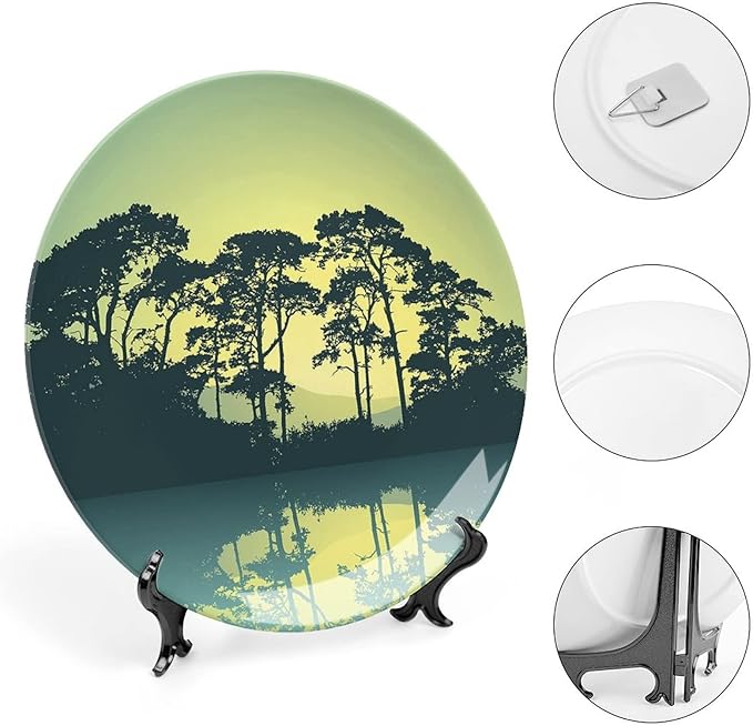 XISUNYA 8 Inch Decorative Plate, Mystic Forest Dinner Plate, Trees Abstract Mountain View and Lake River Print Ceramic Wall Hanging for Home & Office Wall Hanging Decor