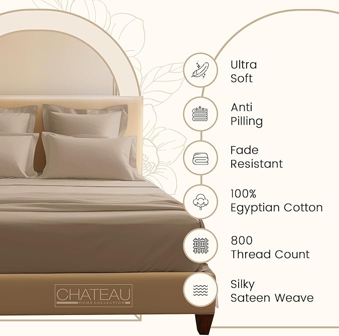 Deep Pocket Queen Sheets set, 100% Cotton Sheets Queen Size set, 800 Thread Count Soft & Durable 4 Piece Sheet & Pillowcase Sets, Sateen Weave Hotel Sheet Fits upto 17", No Pill Machine Wash- Taupe