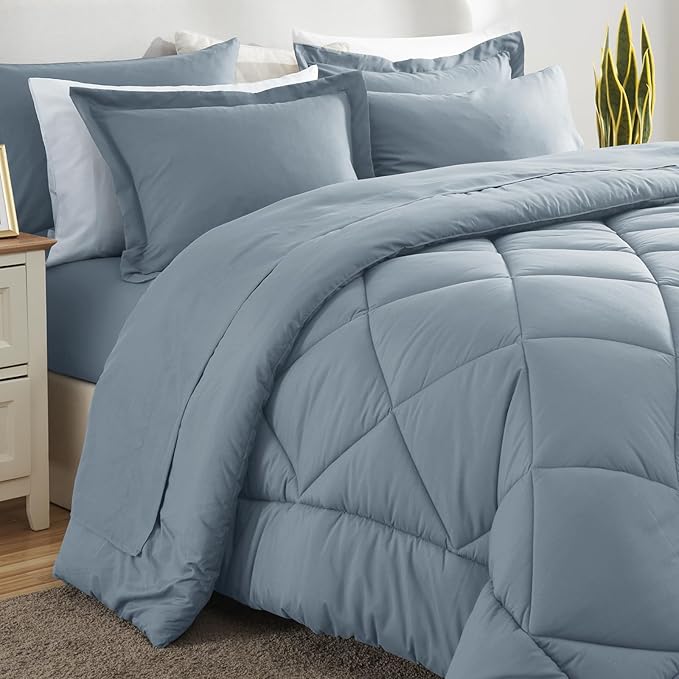 CozyLux Full Size Comforter Sets Dusty Blue - 7 Pieces Bed in a Bag Full, Luxury Soft Bed Set for All Seasons, Bedding Set with Down Alternative Comforter, Sheets, Pillowcases & Shams, Grayish Blue